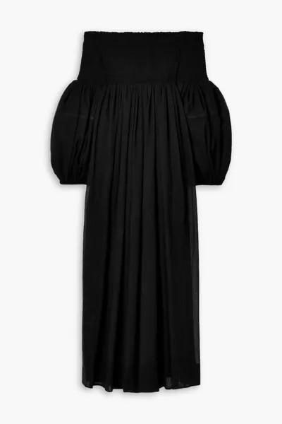 Платье макси из шерстяного крепа с открытыми плечами и сборками Chloé, черный