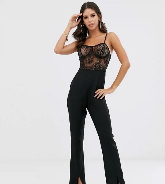 Черный кружевной комбинезон с разрезами на штанинах Missguided Tall