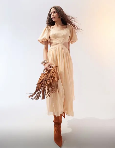 ASOS DESIGN – Бежевое платье миди из твила и жоржета с объемными рукавами и вырезом