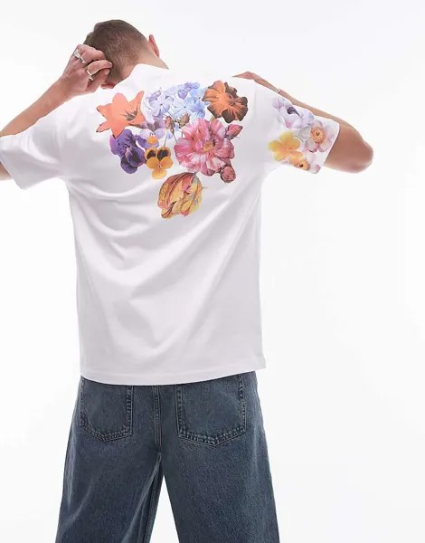 Topman – белая футболка оверсайз с цветочным принтом спереди и сзади