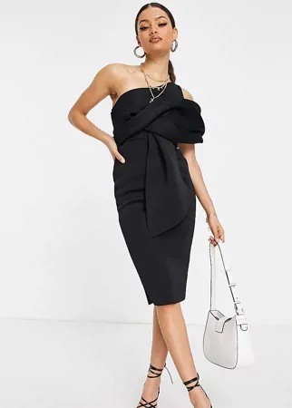 Платье-футляр миди черного цвета на одно плечо с разрезом и драпировкой ASOS DESIGN Petite-Черный цвет