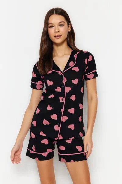 Разноцветный вязаный пижамный комплект из 100% хлопка с сердечками и детальной окантовкой-рубашкой Trendyol