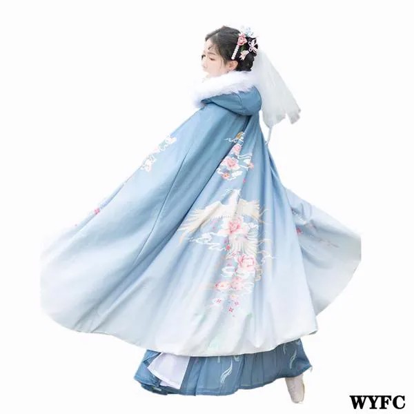 Осенне-зимняя накидка Hanfu сохраняющая тепло традиционная китайская женская одежда длинное пальто с капюшоном флисовое платье