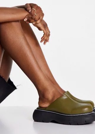 Кожаные мюли цвета хаки на массивной подошве Topshop Lana-Зеленый цвет