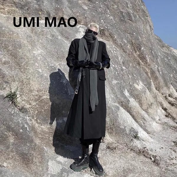 Мужской Длинный плащ в Корейском стиле UMI MAO, черная ветровка средней длины, однотонная мужская куртка, Y2K