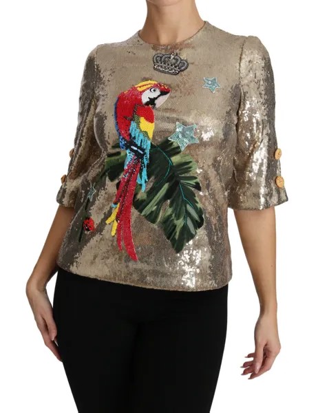 Блузка DOLCE - GABBANA с золотыми пайетками и кристаллами в виде попугая IT36 / US2 / XS Рекомендуемая розничная цена 4000 долларов США