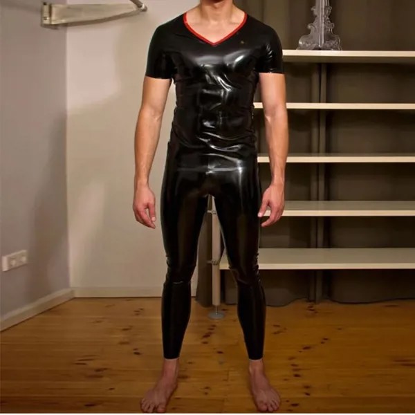Сексуальные черные латексные топы с коротким рукавом и воротником для мужчин, топы с круглым вырезом на заказ (без брюк)