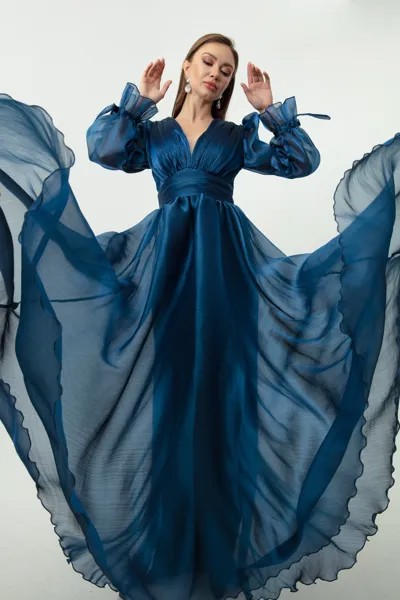 Женское длинное вечернее платье с v-образным вырезом и длинными рукавами цвета индиго Lafaba, темно-синий