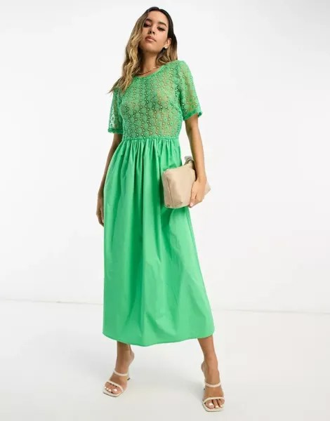 Зеленое платье средней длины из хлопкового поплина Never Fully Dressed с вышивкой-люверсами