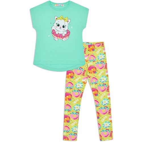 Детский трикотажный набор для девочек: футболка с коротким рукавом и брюки Me&We цв. Ментоловый р. 98