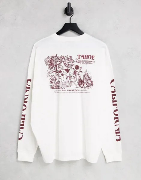 Светлый oversized-лонгслив с пейзажным рисунком на спине и принтом на рукавах ASOS DESIGN - КРЕМОВЫЙ-Белый