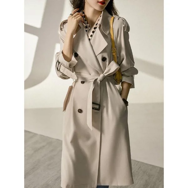 Женский плащ-ветровка на пуговицах, классическое пальто с завязкой, длинная куртка белого цвета, осень 2022