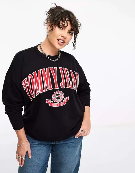 Черный свитер с круглым вырезом и логотипом университета Tommy Jeans Plus