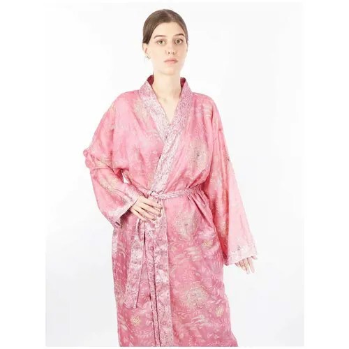 Кимоно  удлиненное, длинный рукав, пояс, размер 50, розовый
