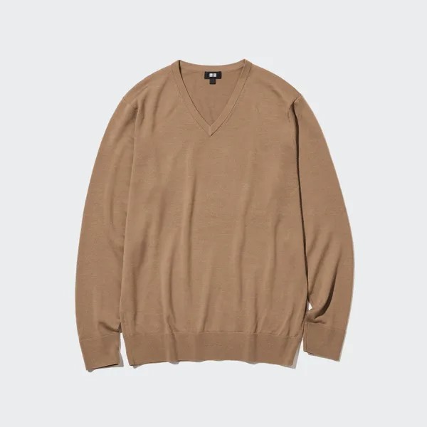 Джемпер Uniqlo мужской с v-образным вырезом, бежевый