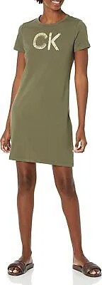 Calvin Klein Свободное платье-футболка миди с логотипом и короткими рукавами, оливковое, большое