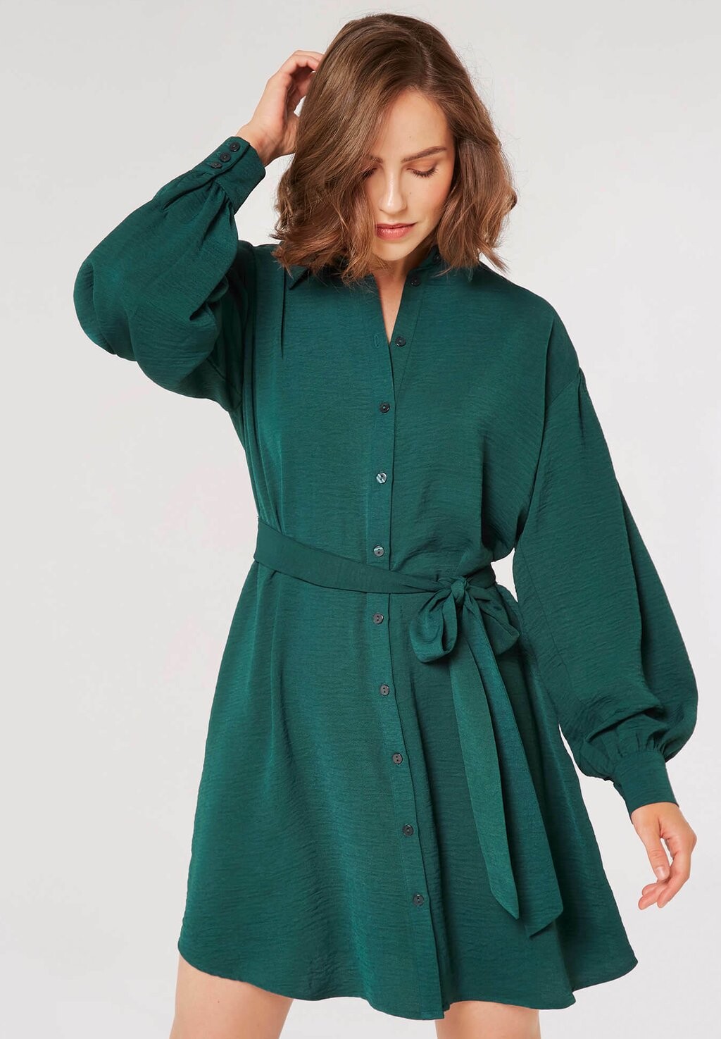 Платье-рубашка Volume Sleeve Apricot, зеленый