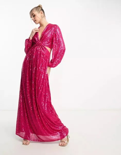 Ярко-розовое платье макси с пайетками и вырезами Style Cheat
