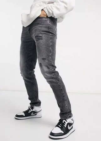 Черные выбеленные джинсы узкого кроя со рваной отделкой River Island-Черный цвет