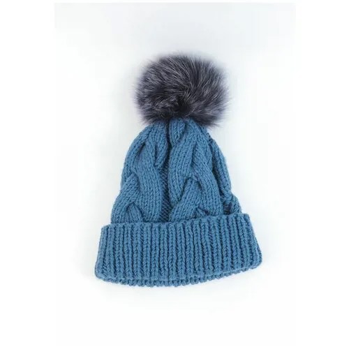 Шапка женская синяя Carolon крупной вязки с отворотом / Стильные вязаные шапки для женщин c меховым помпоном
