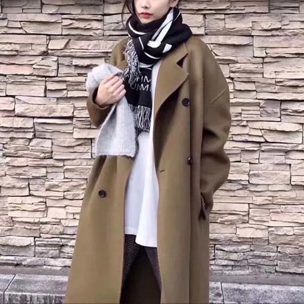 Зимние 2020 корейские женские свободные размера плюс, однотонные Цвет длинные черные пуговицы двойной уход за кожей лица 100% шерстяное пальто, шерстяной жакет верхняя одежда