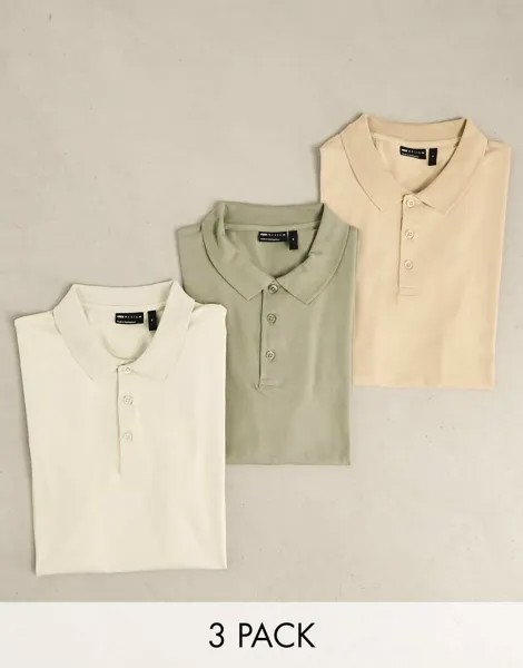 Комплект из трех поло облегающего кроя ASOS DESIGN бежевого, кремового и хаки