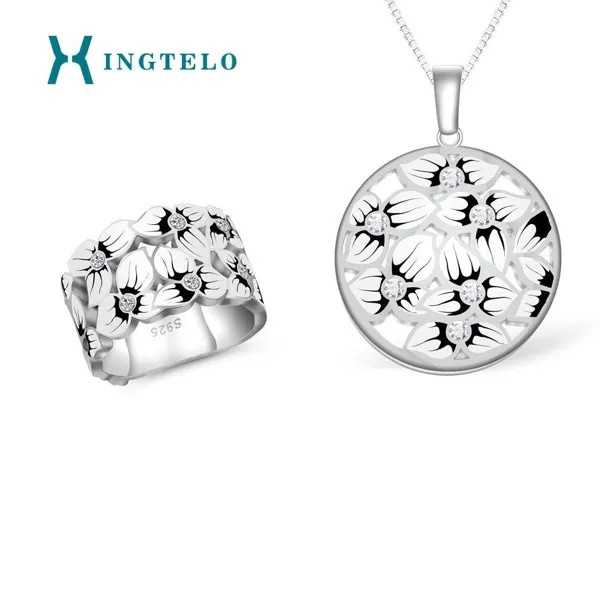 XINGTELO, кулон, цепочка и кольцо, 925 пробы, серебряный ювелирный набор, эмаль, цветок, белый кубический цирконий, подарок на помолвку для женщин