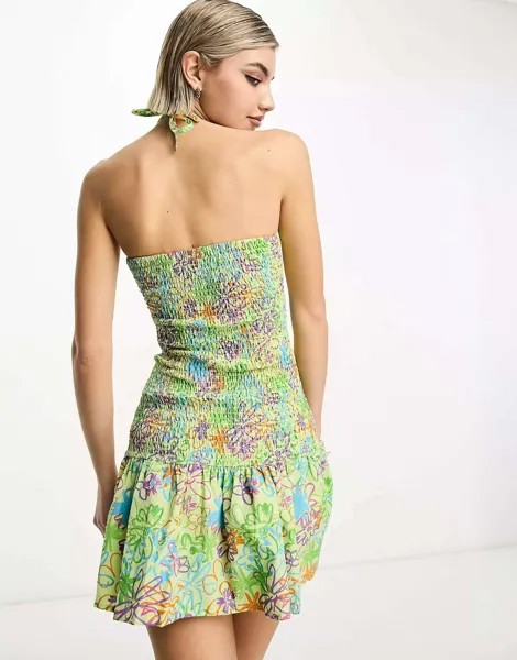 Разноцветное мини-платье COLLUSION с присборками и цветочным принтом COLLUSION