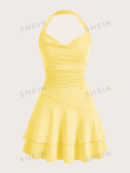 SHEIN MOD однотонное женское платье с бретелькой на шее и многослойным подолом, желтый