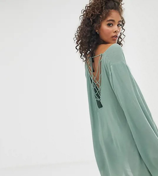 Пляжная накидка из жатой ткани с решетчатой отделкой на спине ASOS DESIGN Tall-Зеленый