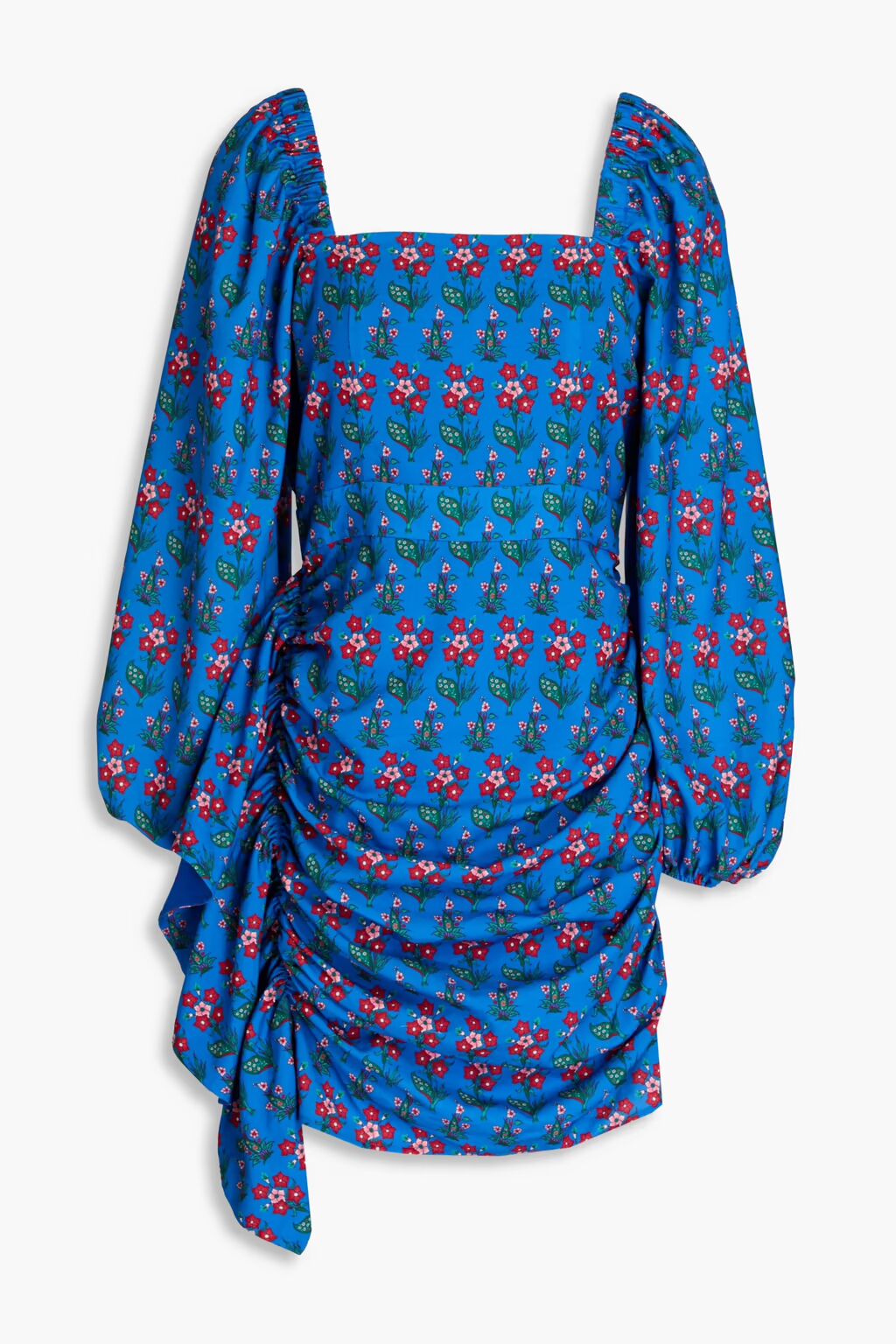 Платье мини из крепдешина Mina с драпировкой и цветочным принтом Rhode, синий