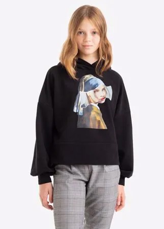 Чёрное худи oversize с принтом для девочки Gloria Jeans