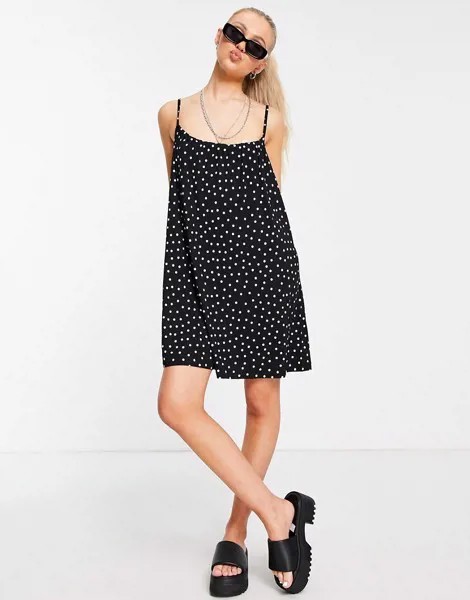 Черный сарафан мини в белый горошек на бретельках ASOS DESIGN-Черный цвет