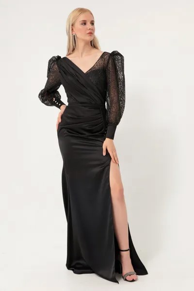 Женское черное двубортное блестящее длинное атласное вечернее платье с воротником Lafaba, черный