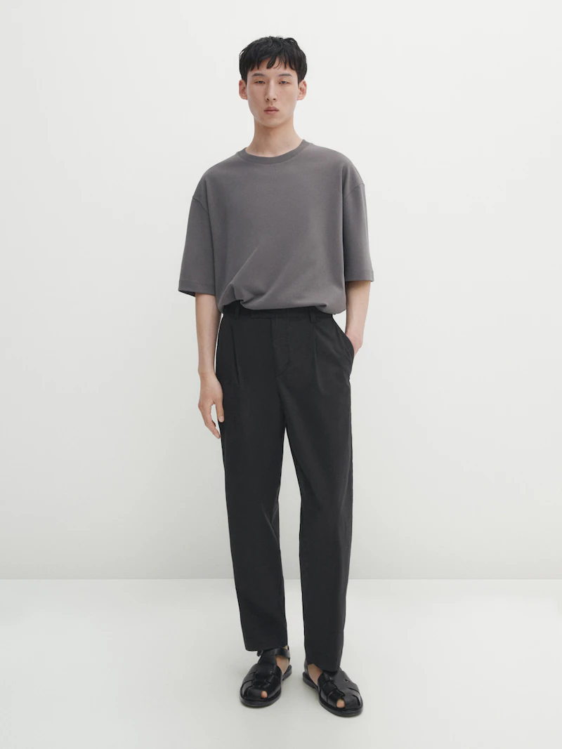 Хлопковая футболка с заниженными плечами и круглым вырезом Massimo Dutti, серый