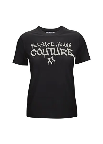 Черная женская футболка с круглым вырезом с принтом 75HAHT16 Versace Jeans Couture, черный