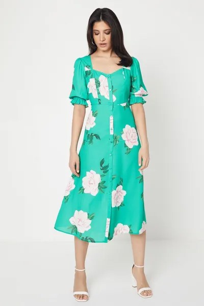Зеленое платье-миди на пуговицах с цветочным принтом Dorothy Perkins, зеленый
