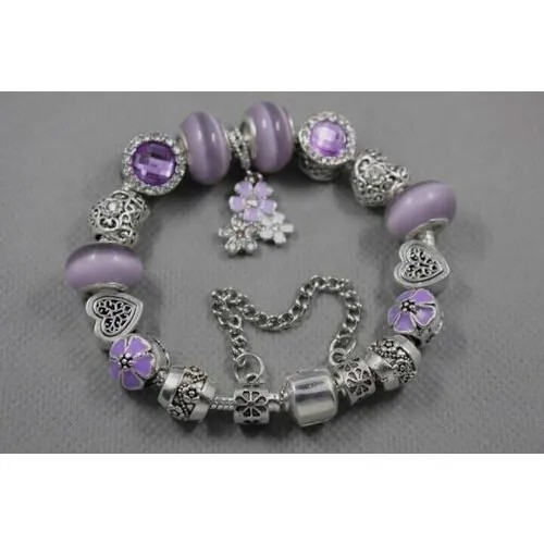 Браслет-цепочка Handinsilver ( Посеребриручку ) Браслет с шармами на основе из бижутерной стали, стразы, муранское стекло, стекло, 1 шт., размер 21 см, purple