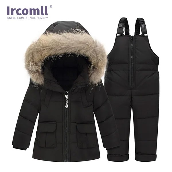 Ircomll/комплект зимней детской одежды для маленьких мальчиков и девочек, парка зимняя одежда белая куртка на утином пуху + комбинезон, пальто с...
