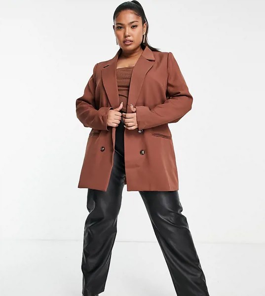 Шоколадный двубортный пиджак от комплекта In The Style Plus x Perrie Sian-Коричневый цвет