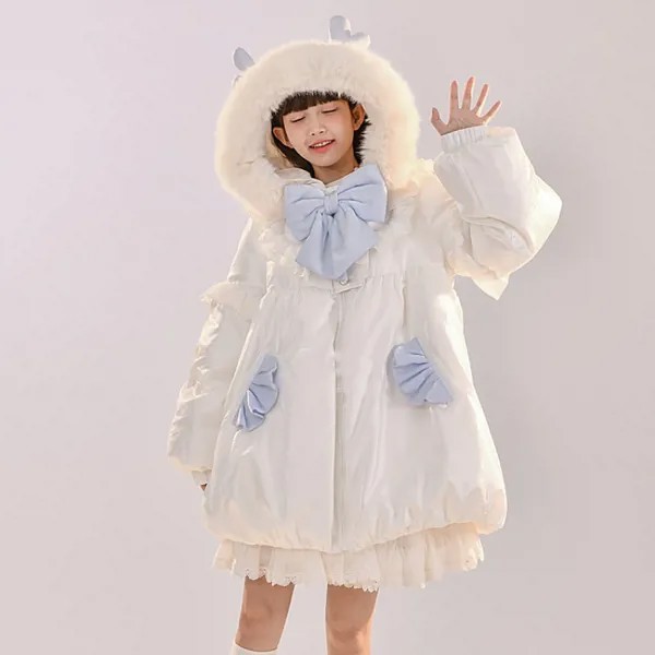 Осенне-зимняя теплая куртка Лолита, сине-белый пуховик с рюшами для девочек, милая верхняя одежда принцессы с капюшоном