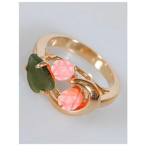 Кольцо помолвочное Lotus Jewelry, нефрит, коралл, размер 16, зеленый, розовый