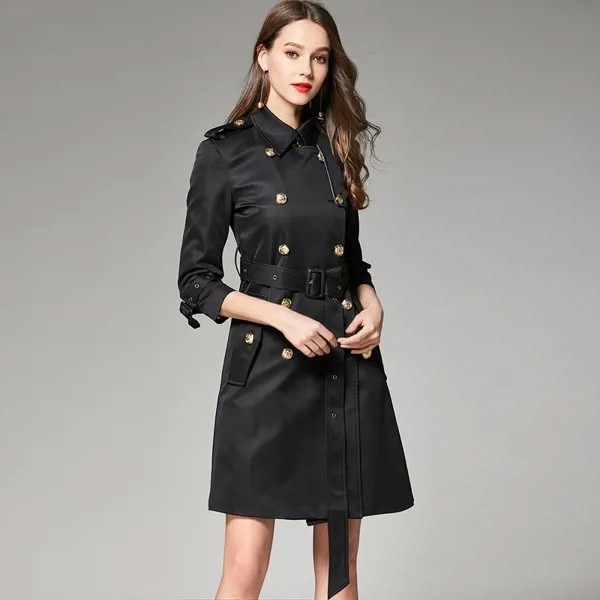Женская Черная Европейская мода 2020, Классическая двубортная ветровка с отворотами, шнуровкой и поясом, длинный плащ с бантом, куртка