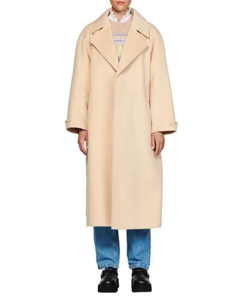 Шерстяное пальто песочного цвета с поясом Sandro, цвет Tan/Beige