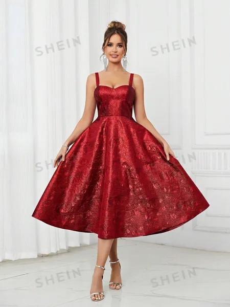 SHEIN Belle Элегантное и романтичное красное роскошное жаккардовое атласное платье с чашечкой на груди в елочку с узкой спинкой на шнуровке трапециевидной формы, красный
