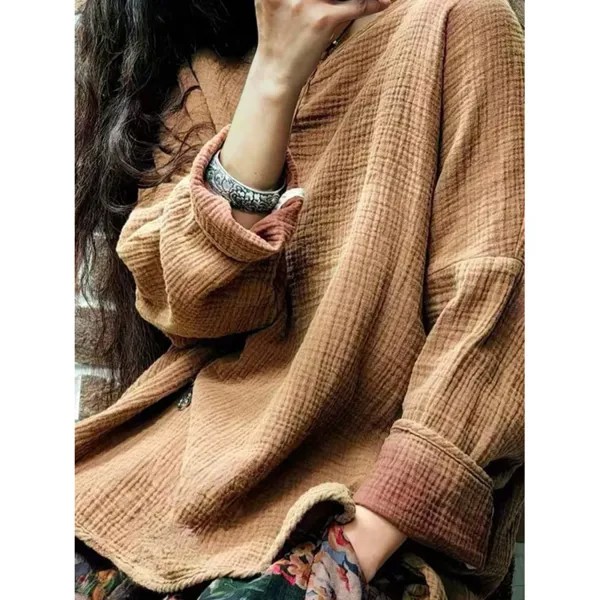 Женские повседневные блузки из хлопка и льна в стиле ретро с круглым вырезом и длинными рукавами
