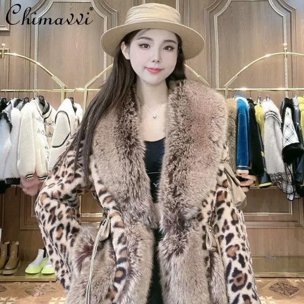 Новая высококачественная легкая Роскошная пушистая куртка с леопардовым принтом и воротником, зимняя одежда, модная теплая элегантная Меховая куртка с длинным рукавом