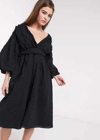 Платье миди с пышными рукавами из фактурной ткани Lost Ink-Черный