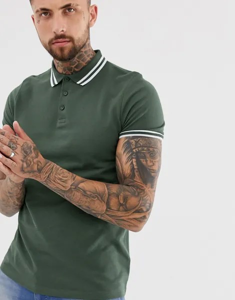 Футболка-поло из пике цвета хаки и с окантовкой ASOS DESIGN-Зеленый цвет