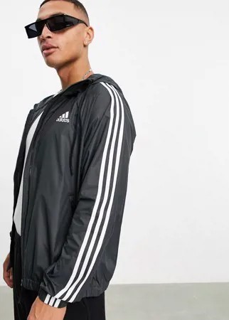 Черная ветровка с капюшоном и 3 полосками adidas-Черный цвет